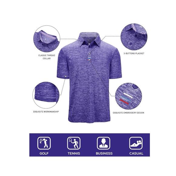 GEEK LIGHTING Polo Shirt Men Golf‎ Collared Short Sleeve Heathered Purple XXL - Picture 4 of 7